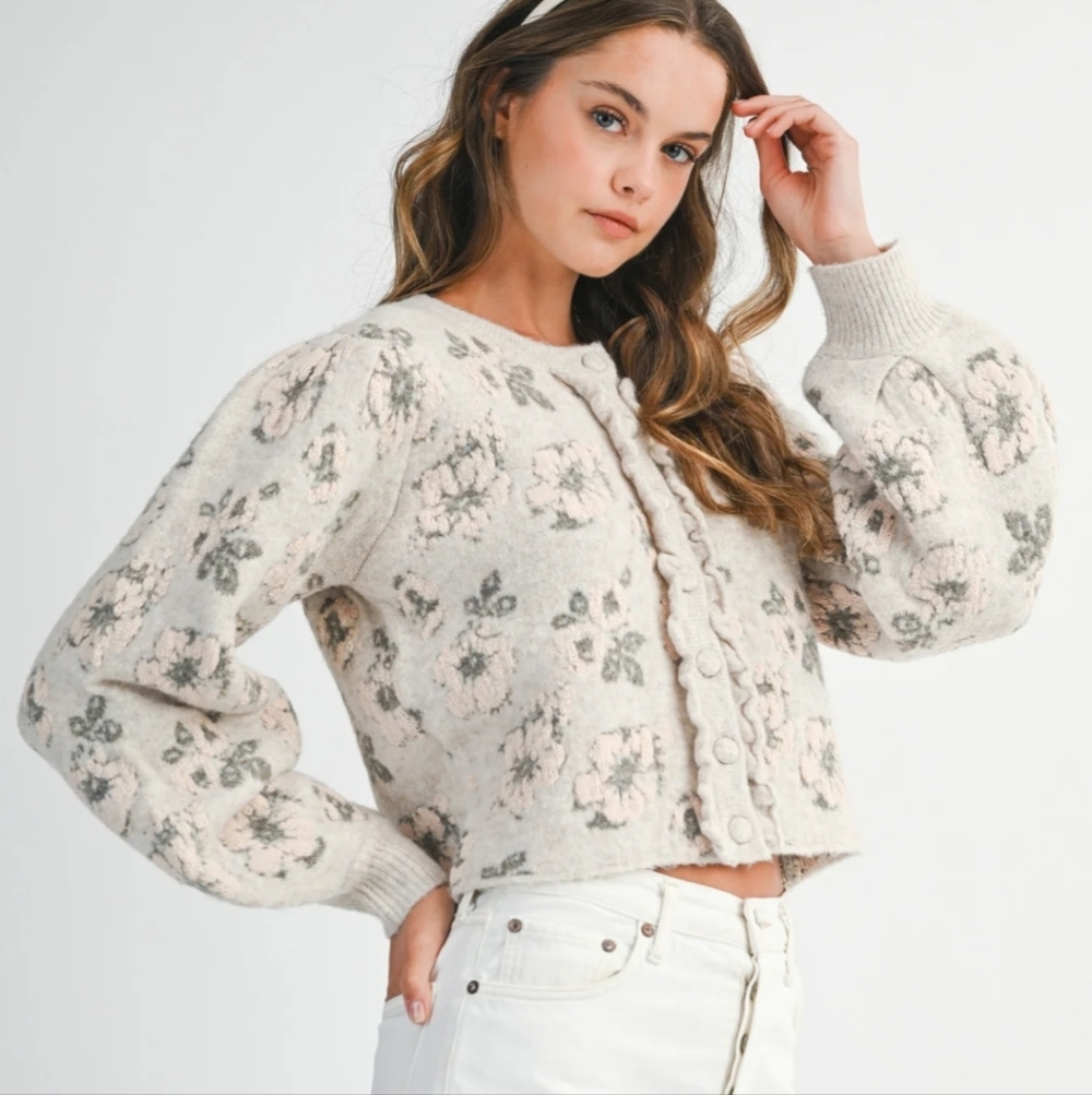 Cream Floral Puff-Sleeve Cropped Cardigan